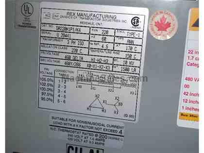 220 KVA, Pri 460 Sec 460Y/266 Volts, 1500 lbs 220 KVA, Pri 460 Sec 460Y/266 Volts, 1500 lbs