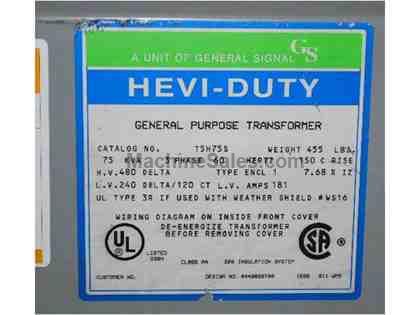 75 KVA, Pri 480 Sec 240 VOLTS, HEVI-DUTY, GENERAL PURPOSE TRANSFORMER (12893) 75 KVA, Pri 480 Sec 240 VOLTS, HEVI-DUTY, GENERAL PURPOSE TRANSFORMER (12893)