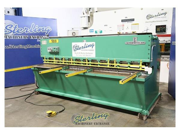 10 gauge x 10' Elga, 14" throat, 13 hydraulic holddowns, squaring arm, front operated 10 gauge x 10' Elga, 14" throat, 13 hydraulic holddowns, squaring arm, front operated