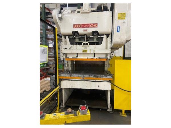 Bliss #C2-60, straight side double crank, 100 SPM, 3" stroke, air clutch & brake, 28x Bliss #C2-60, straight side double crank, 100 SPM, 3" stroke, air clutch & brake, 28x