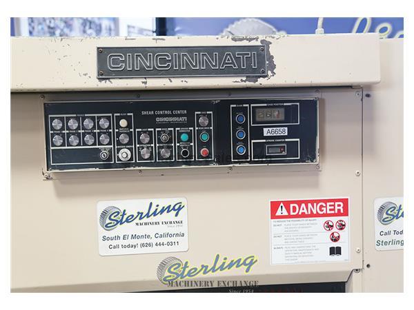 10 Ga. x 6' Used Cincinnati Hydraulic Heavy Duty Power Shear, Mdl. 135HSx6, Front Operated Power Back Gauge w/ Indicator, Sqaure Arm, (1) Sheet Suppor